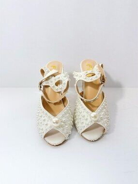 Size 8 Pearl Embellished Crystal Heel Sandals White Bridal Statement Heels FSJ
